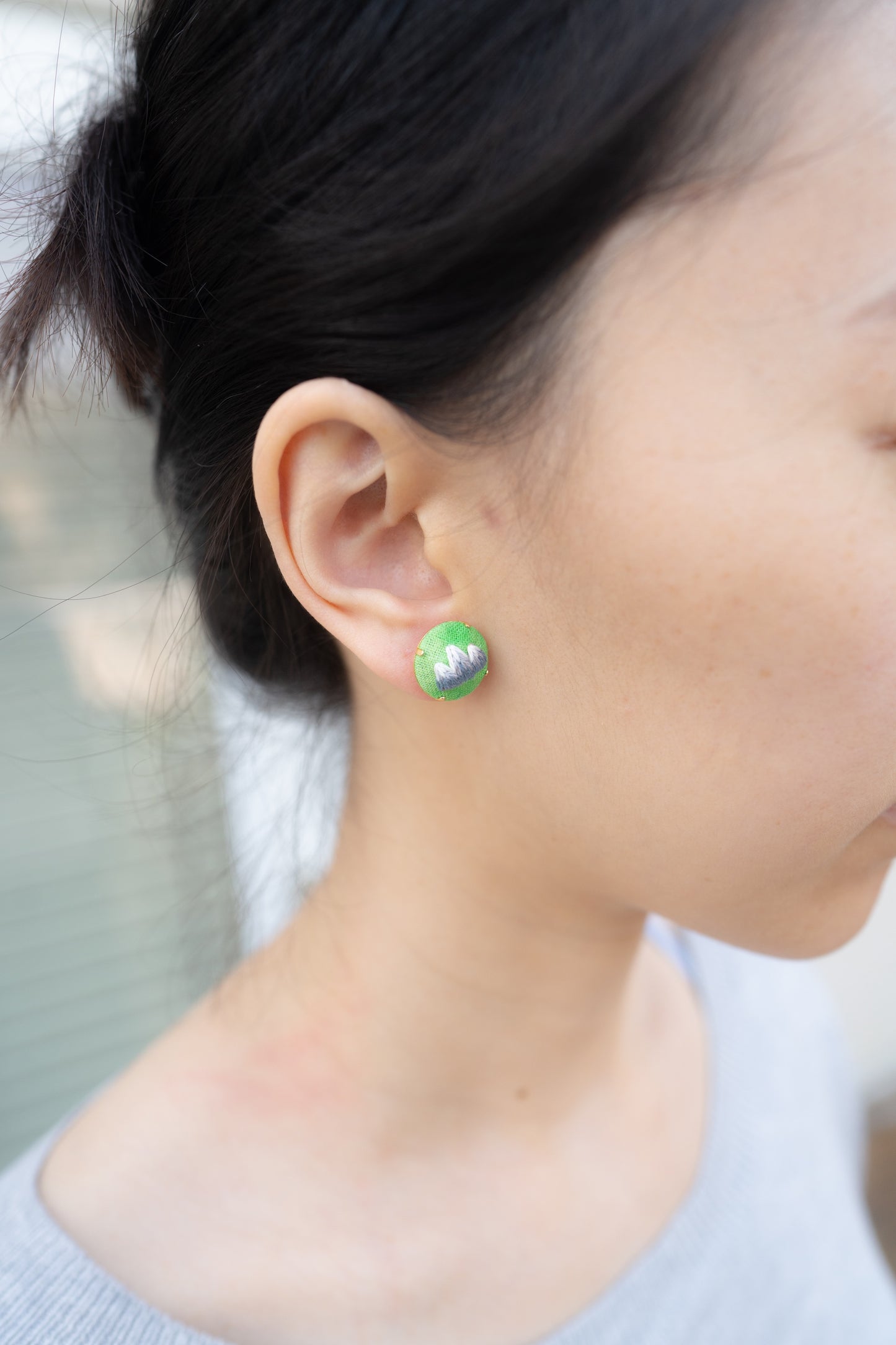 Hand Embroidered Stud Earrings - Mountain