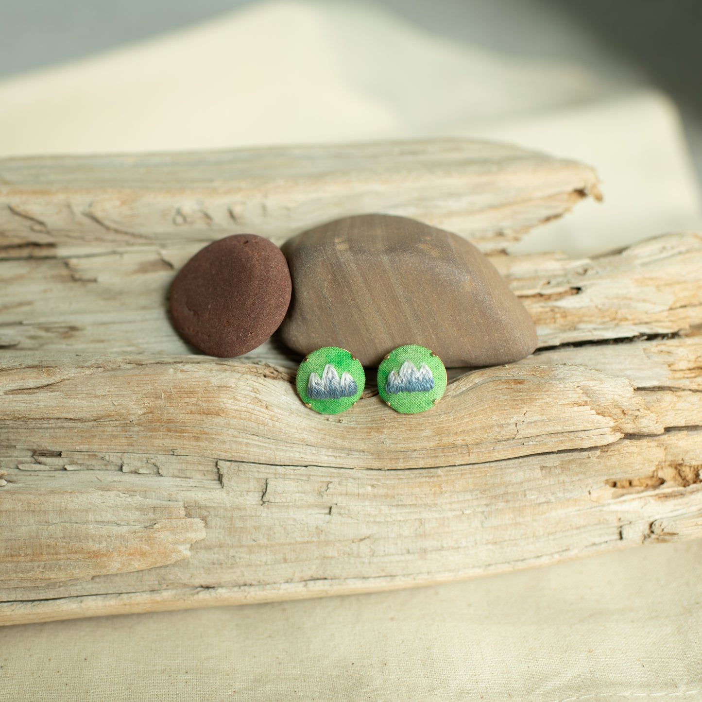 Hand Embroidered Stud Earrings - Mountain