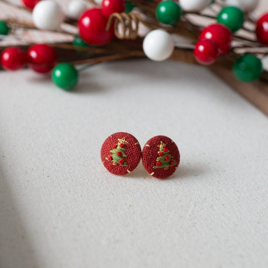 Hand Embroidered Stud Earrings - Christmas Tree New