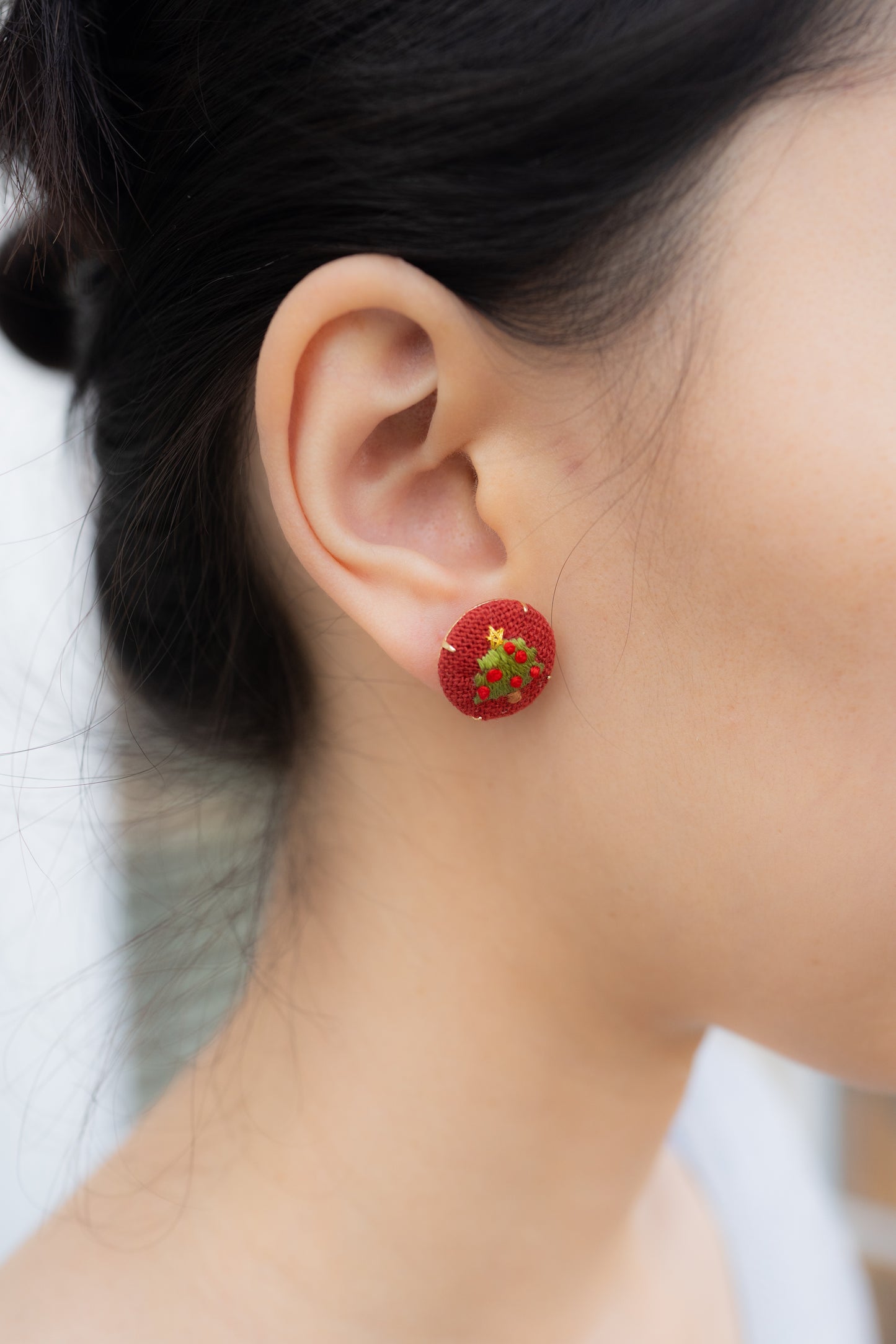 Hand Embroidered Stud Earrings - Christmas Tree